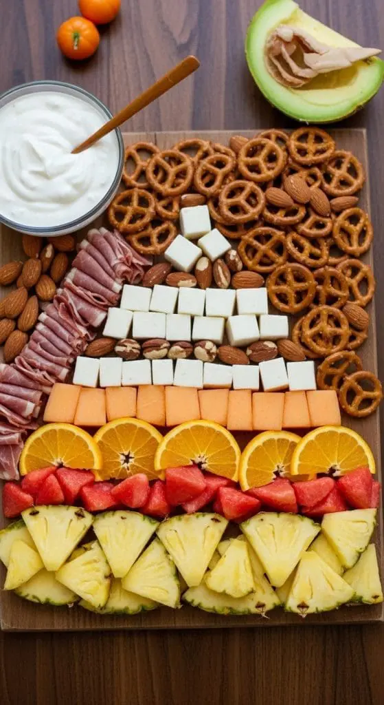 Halloween charcuterie board made with pretzels and blocks of cheese in the shape of a candy corn