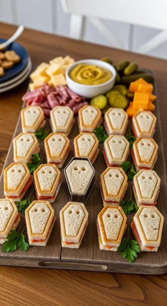 Sandwiches cut to look like coffins using a metal cookie cutter