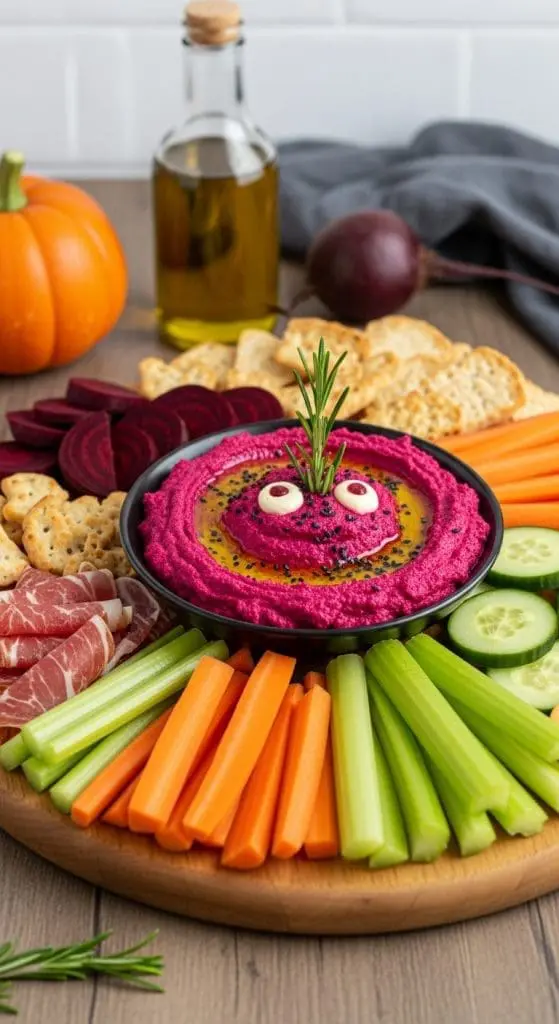 red hummus in a black bowl