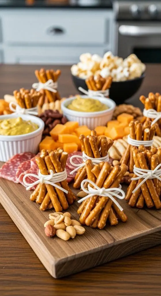 Pretzels wrapped in cheese strings on Halloween charcuterie board