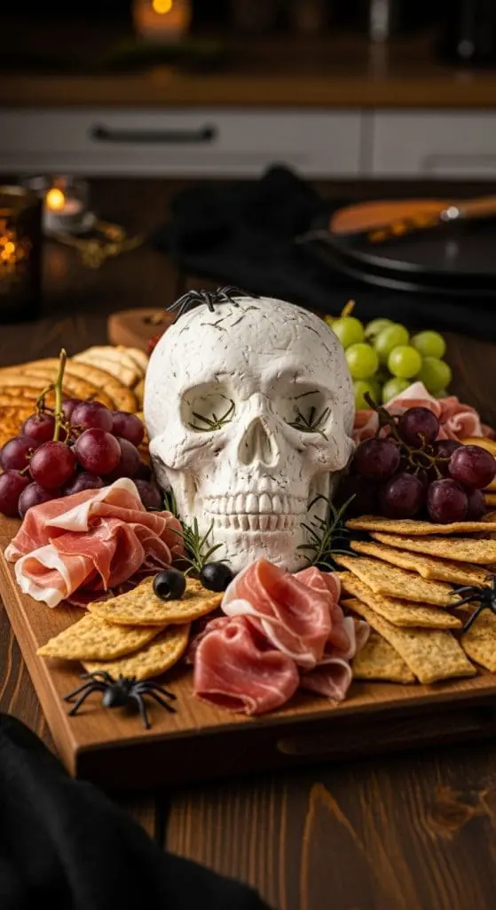 skull made from cream cheese using a halloween mould