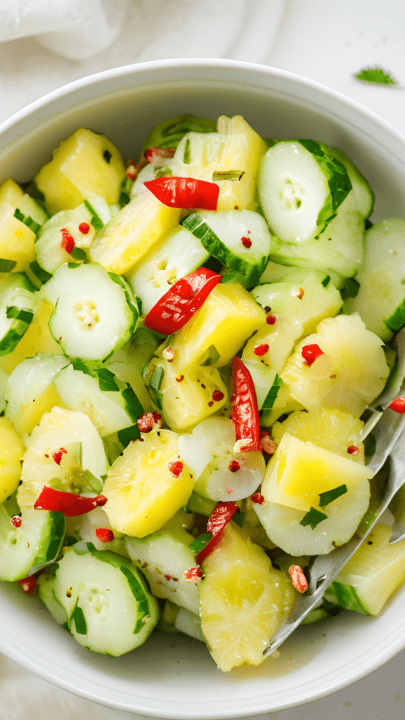 Pineapple Cucumber Salad IN A WHITE BOWL