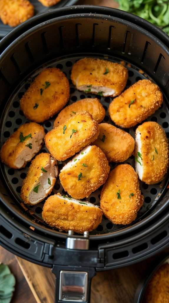 Keto Air Fryer Chicken Nuggets in a black airfryer basket