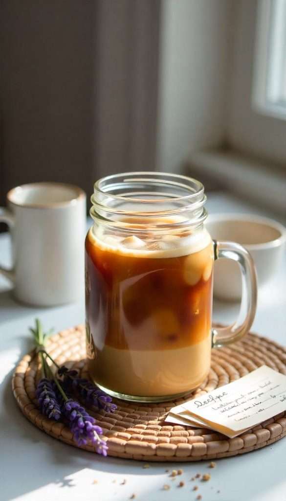 Lavender cold brew coffee in mason glass