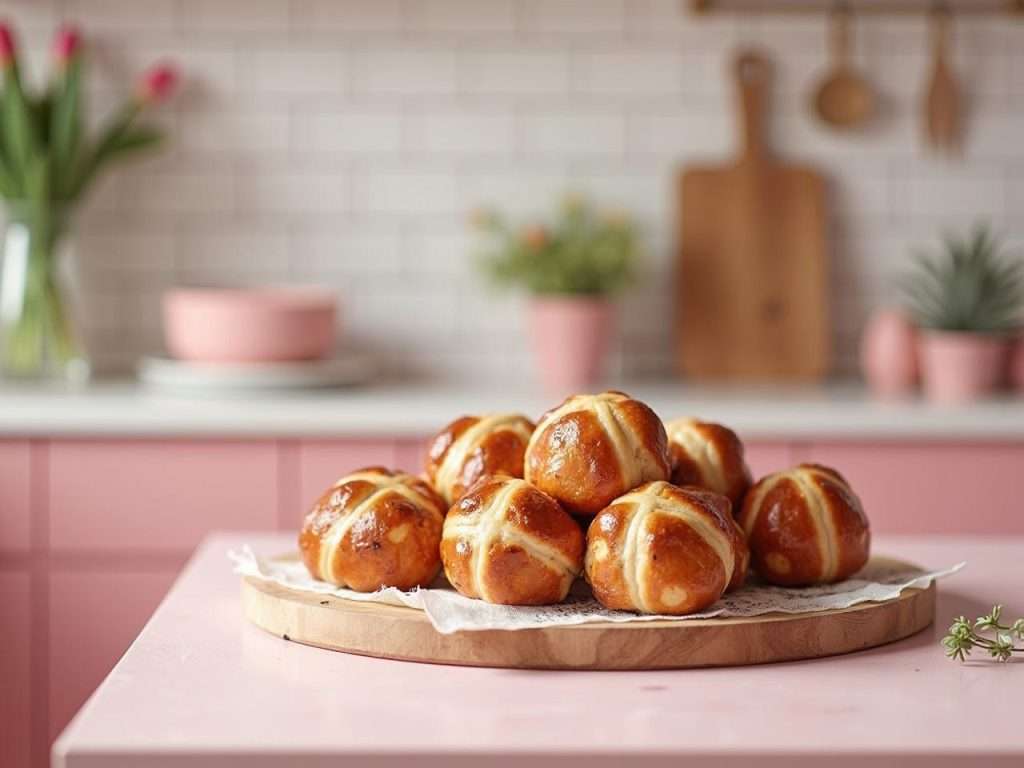 traditional easter hot cross buns on pink counter