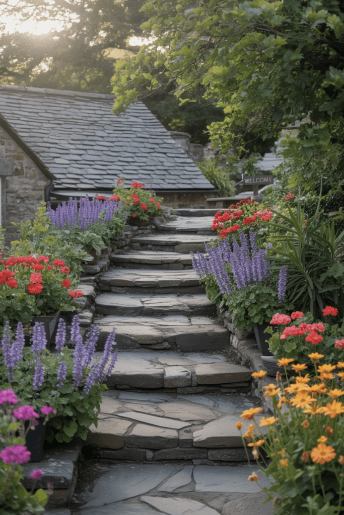 lined pathway with flowers