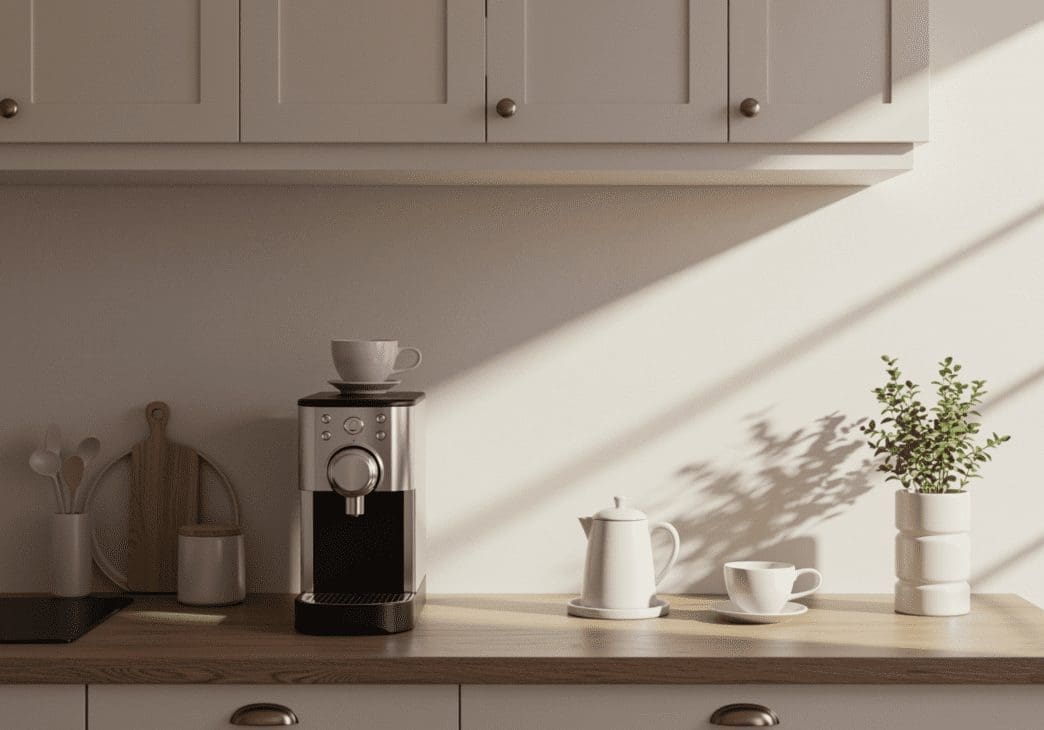 Modern coffee station & white kitchen cabinets