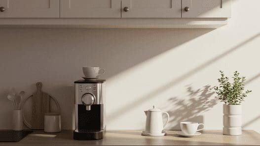 Modern coffee station & white kitchen cabinets