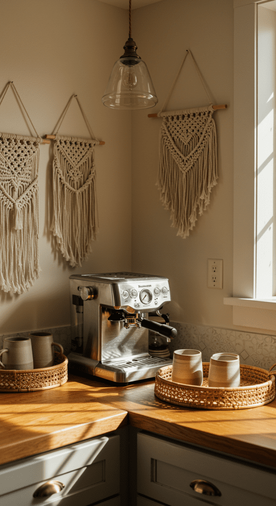 boho coffee station with rattan trays