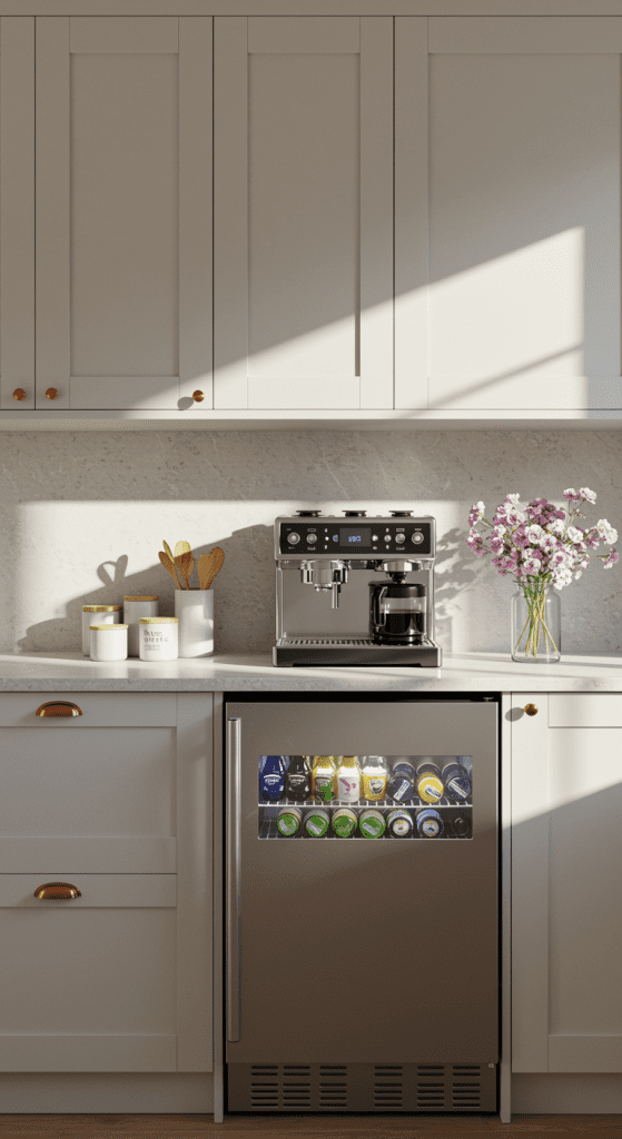 coffee station with a fridge underneath