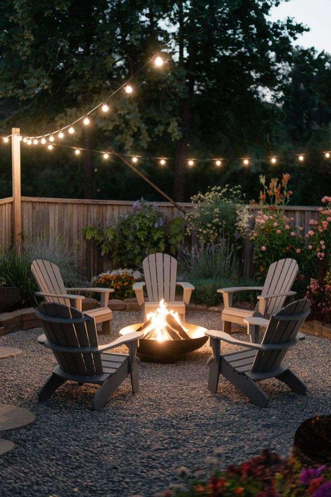 backyard firepit with deck chairs