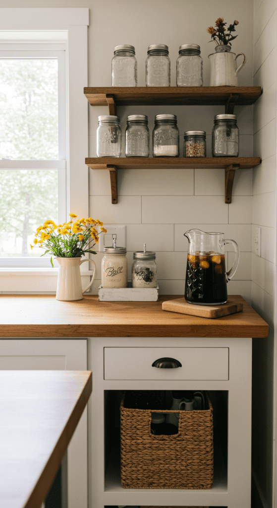 rustic farmhouse style coffee station with mason jars