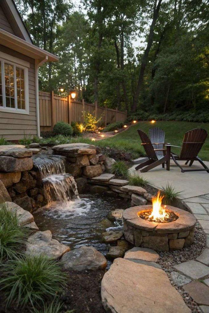 Backyard Fire Pit with water feature