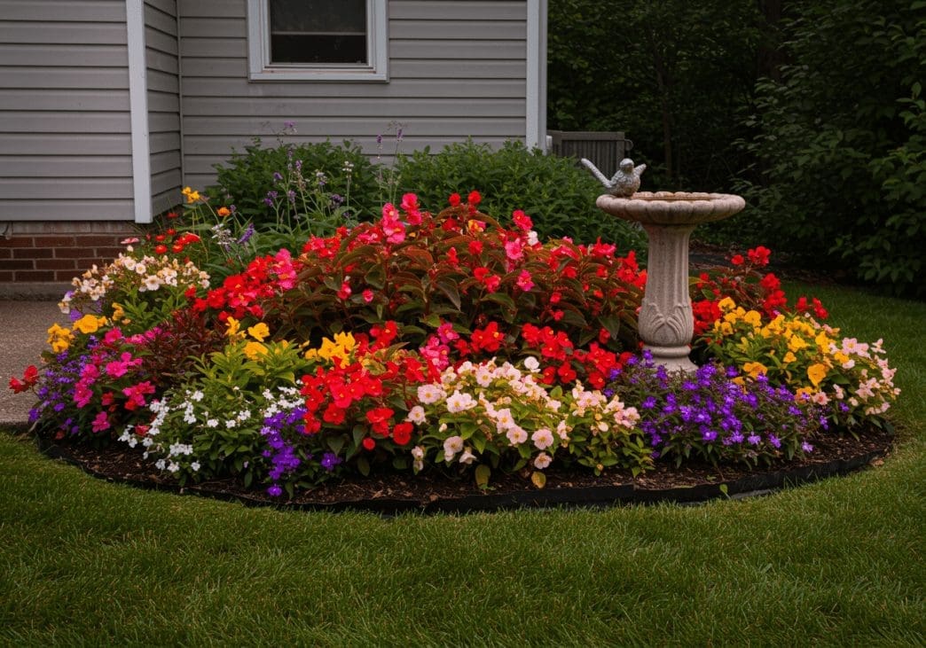 colourful front lawn flowerbed