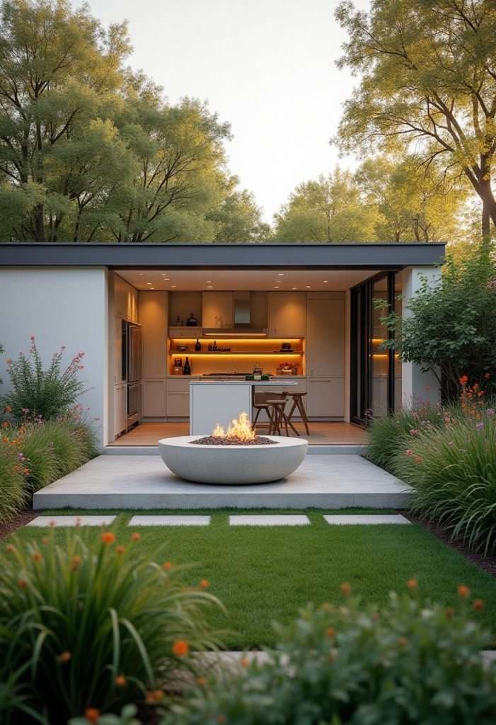 kitchen that leads out to an outdoor area with a white firepit