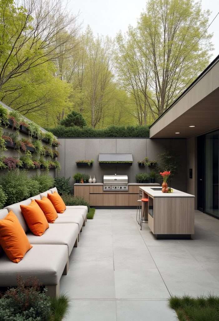 modern outdoor kitchen with vertical herb garden