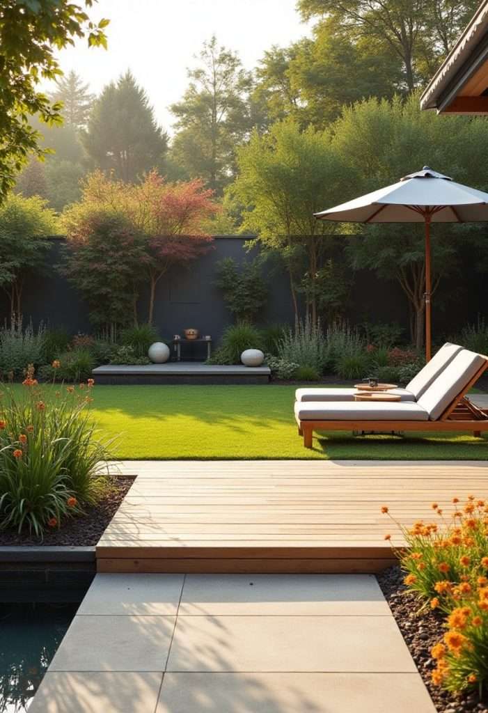 Modern Backyard Landscaping Ideas with natural wooden decking