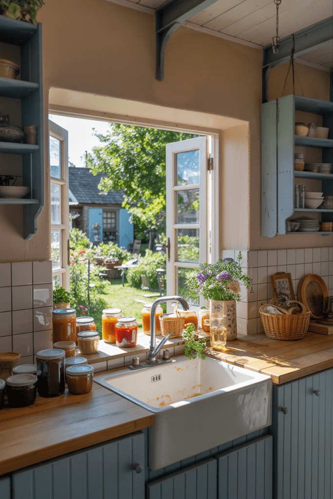 interior cafe window that opens out into the garden
