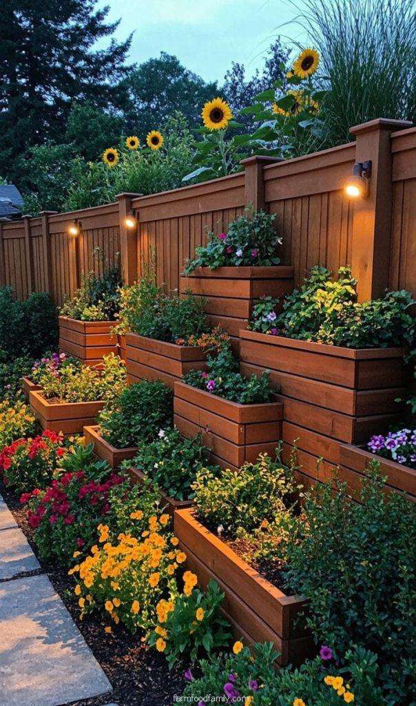 tiered containers with flowers on a fence in the garden