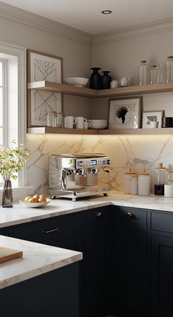 Glamorous coffee station with black kitchen cabinets and chrome fixtures
