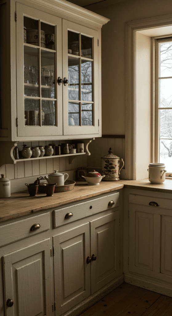 glass front cabinets in a vintage cottage kitchen