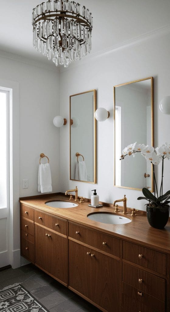 all wood mid-century style double vanity with gold mirrors