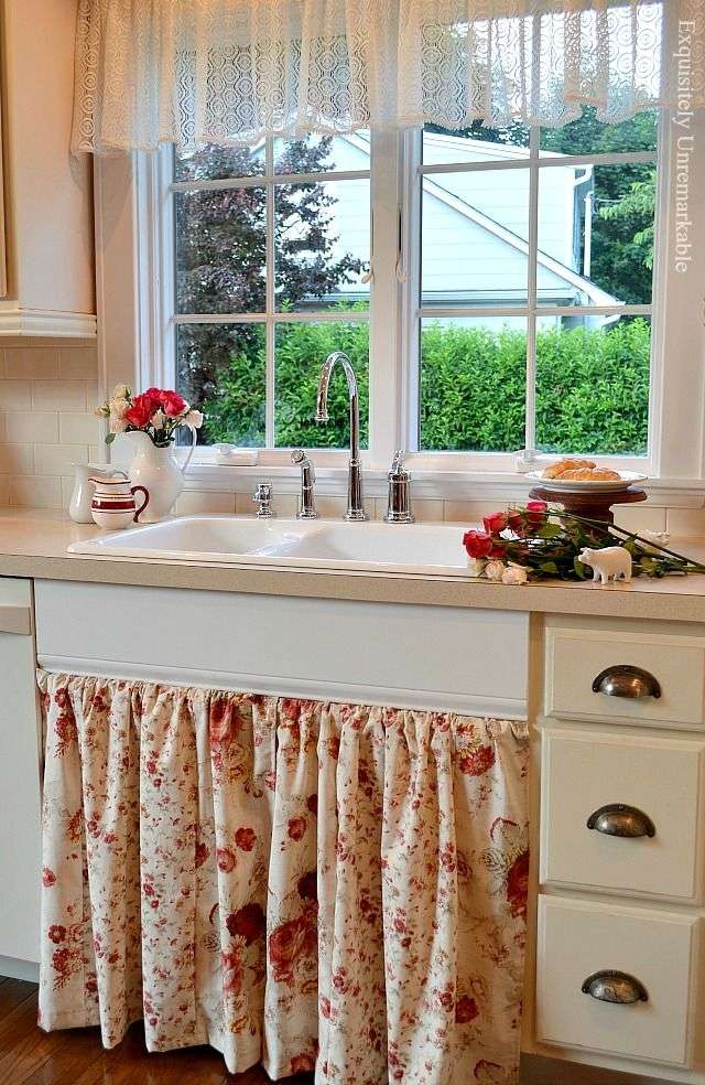 skirted sink base in a vintage cottage kitchen