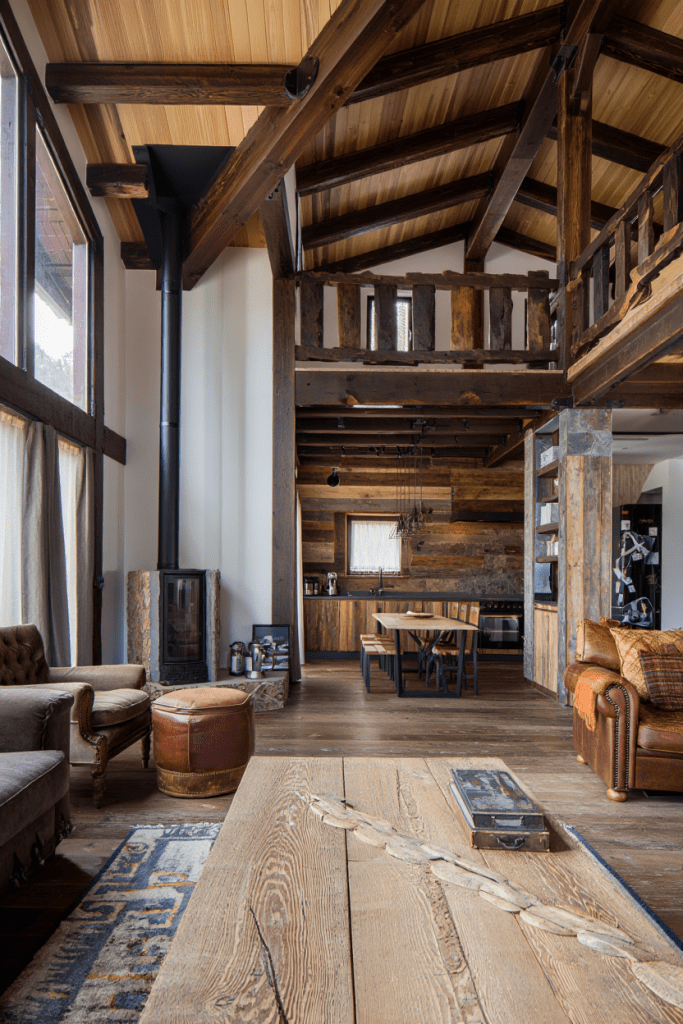 vaulted ceiling with exposed beams for a Farmhouse Barndominium Idea