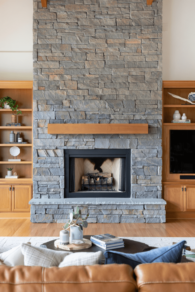 fireplace with built in shelving