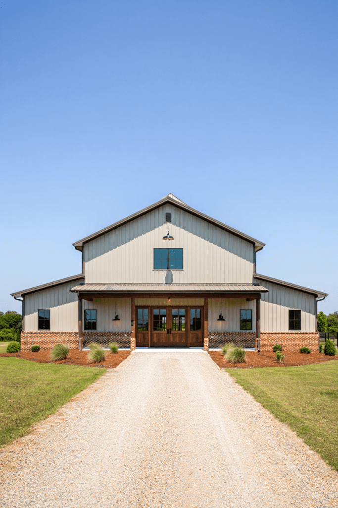 brick skirting around an modern farmhouse