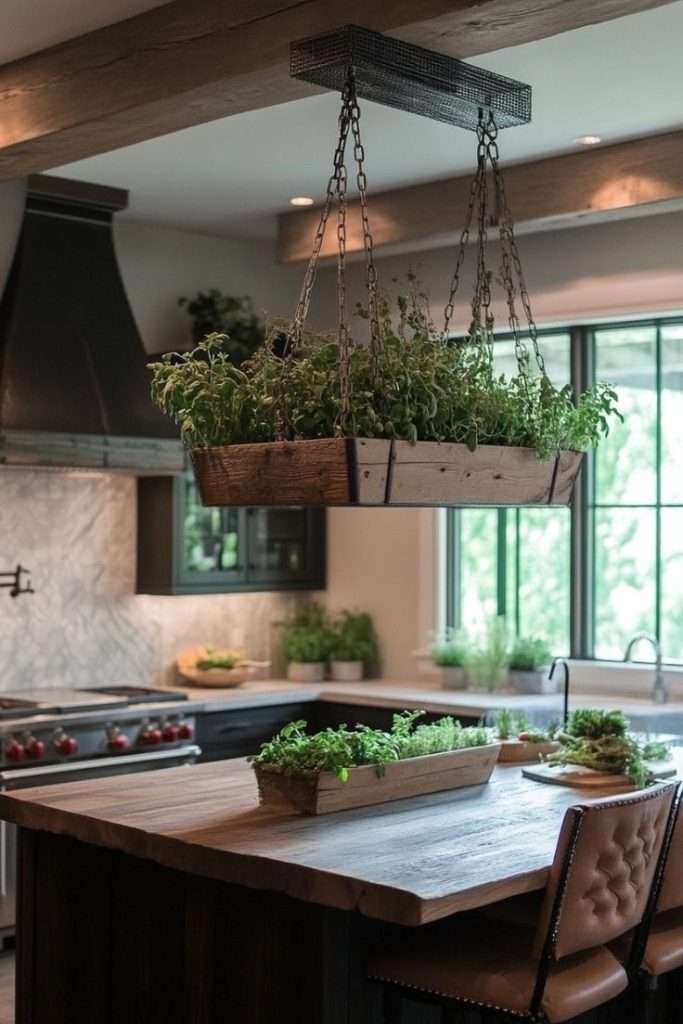 hanging herb garden in an earthy kitchen