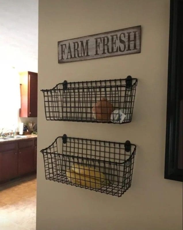 wire baskets on wall