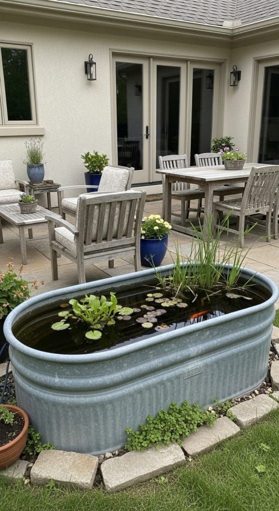 galvanised tub as pond