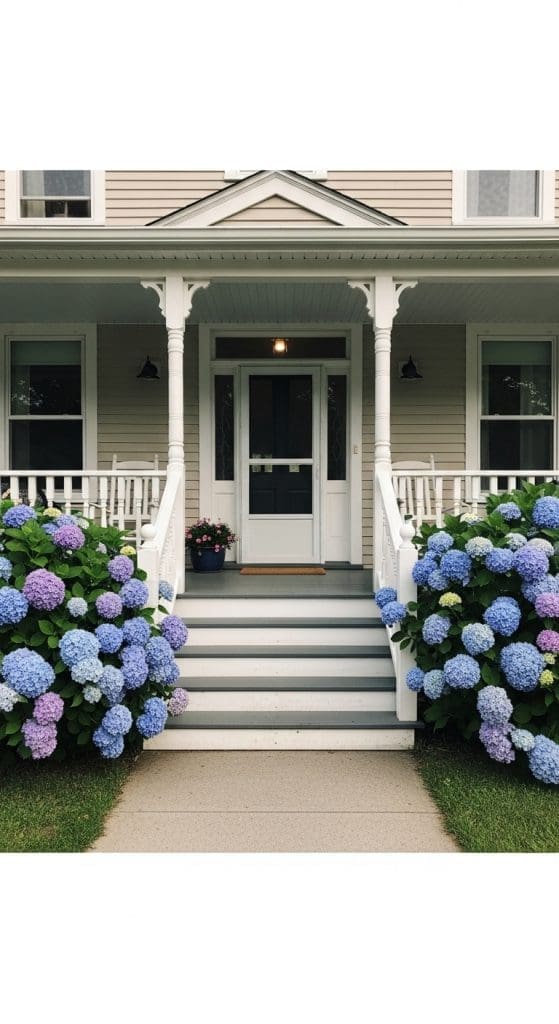 Hydrangea bushes at a front porch
