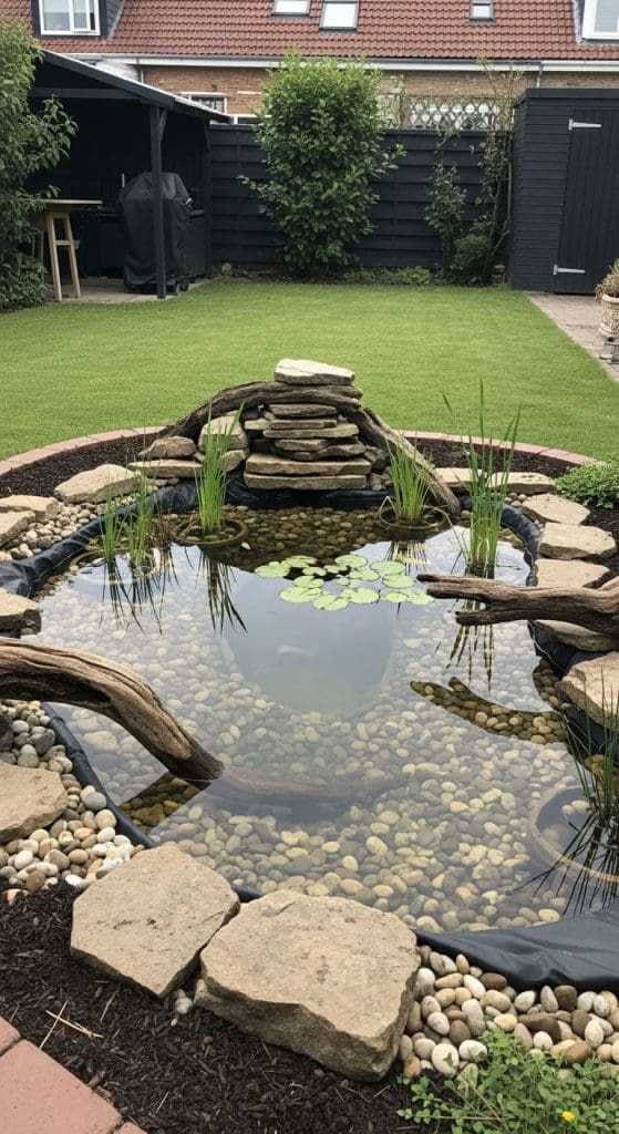 pebble and driftwood Pond Ideas for Small Gardens