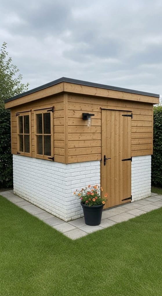 whitewashed brick and wood shed