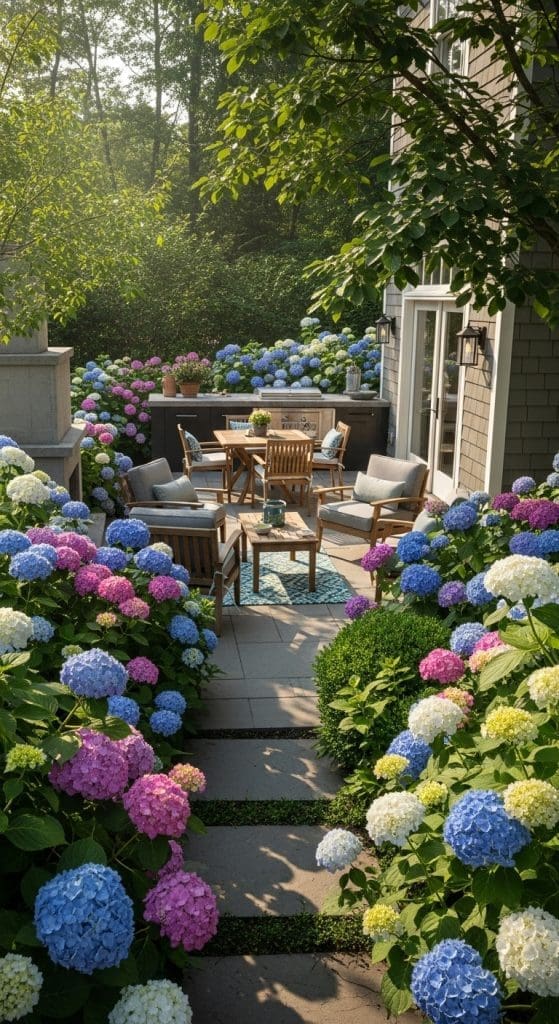 backyard patio with Hydrangea bushes Hydrangea Garden Ideas