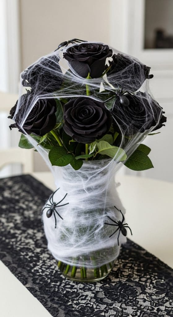 black roses and spiderwebs in vase