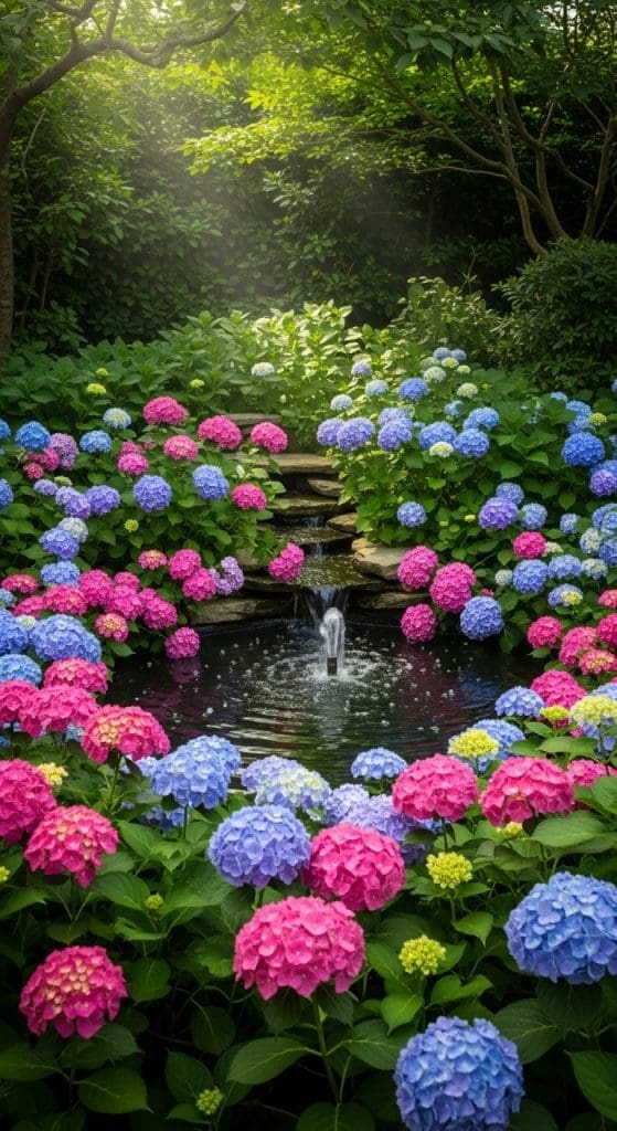 Hydrangea around a water feature