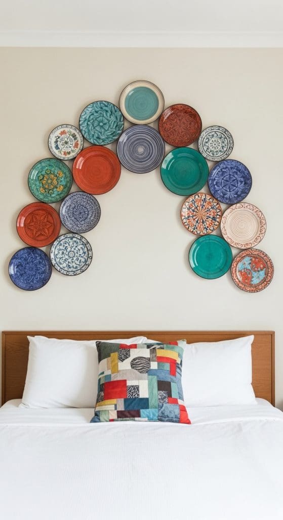 plates hung above bed