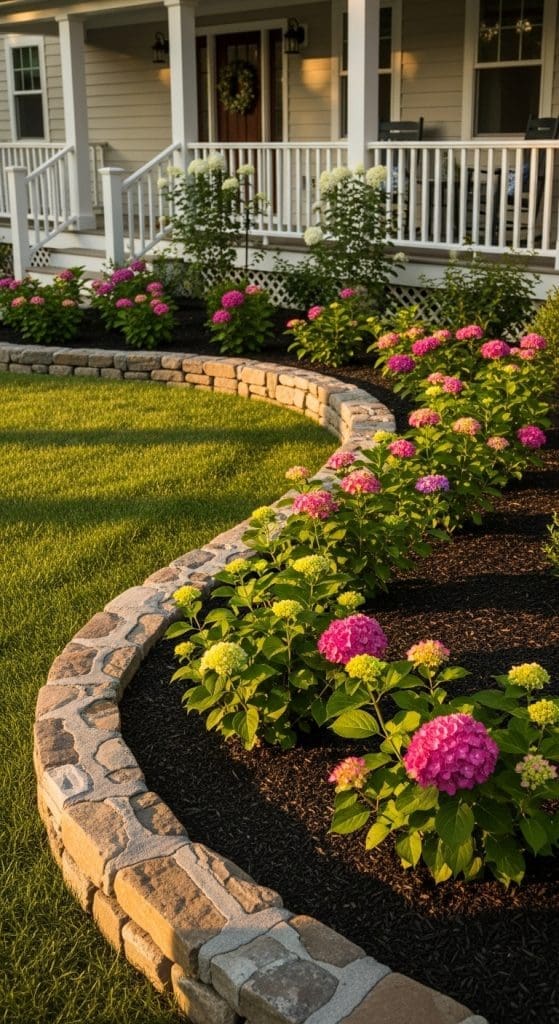 Hydrangea in front yard with stone edging