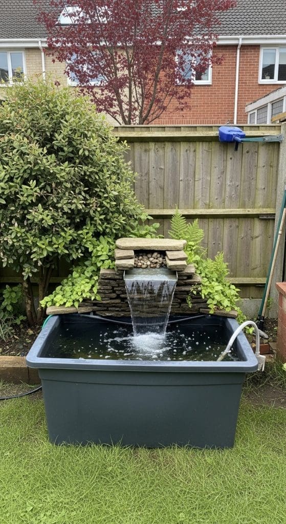 pond in a plastic container and water feature