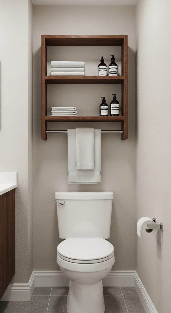 shelves over the toilet with towel rail