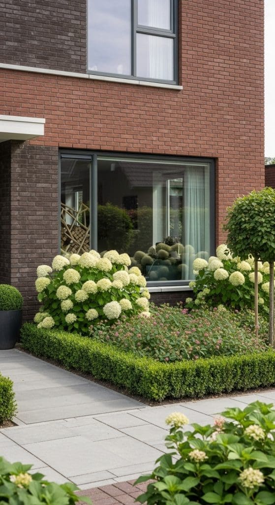 Hydrangea is front of house window