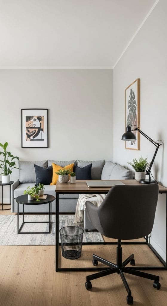 couch behind desk in home office