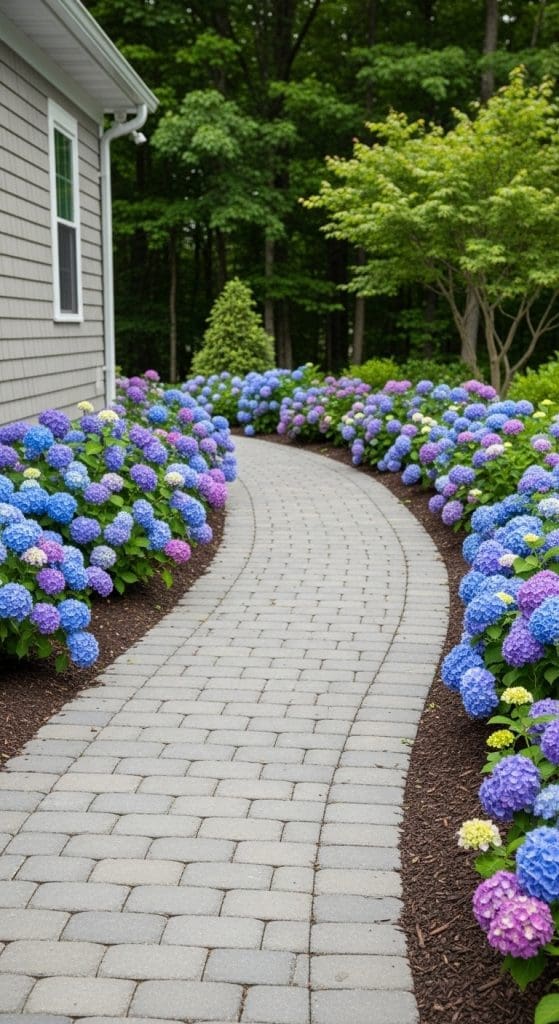 side yard with Hydrangea lining a path Hydrangea Garden Ideas