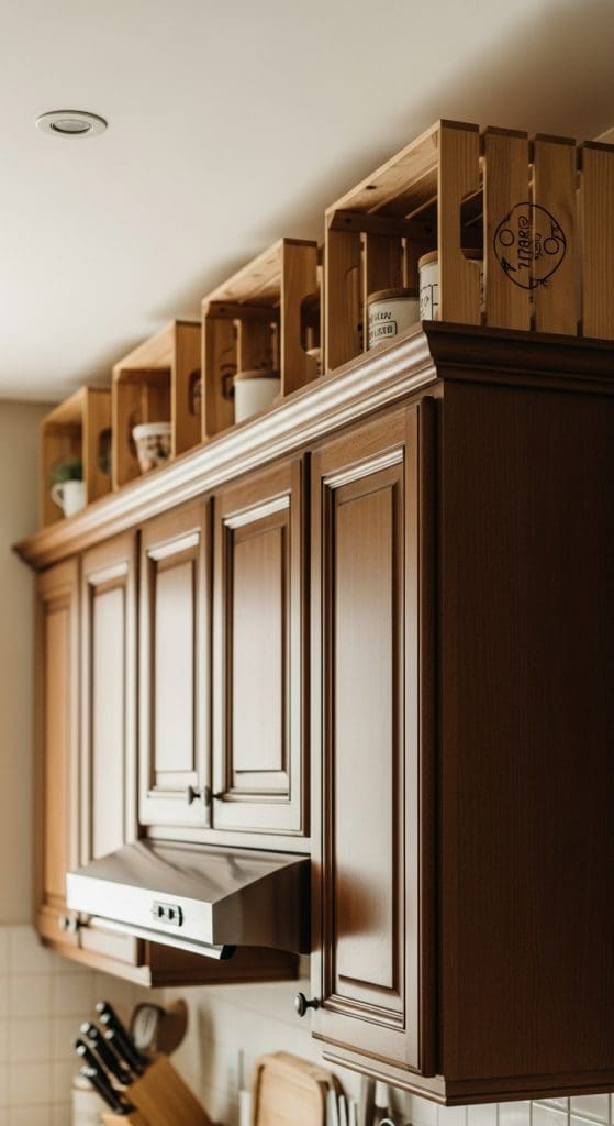 Style the Space Above Kitchen Cabinets with vintage crates