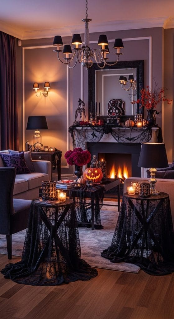 black lace overlays on furniture Classy Halloween Decor