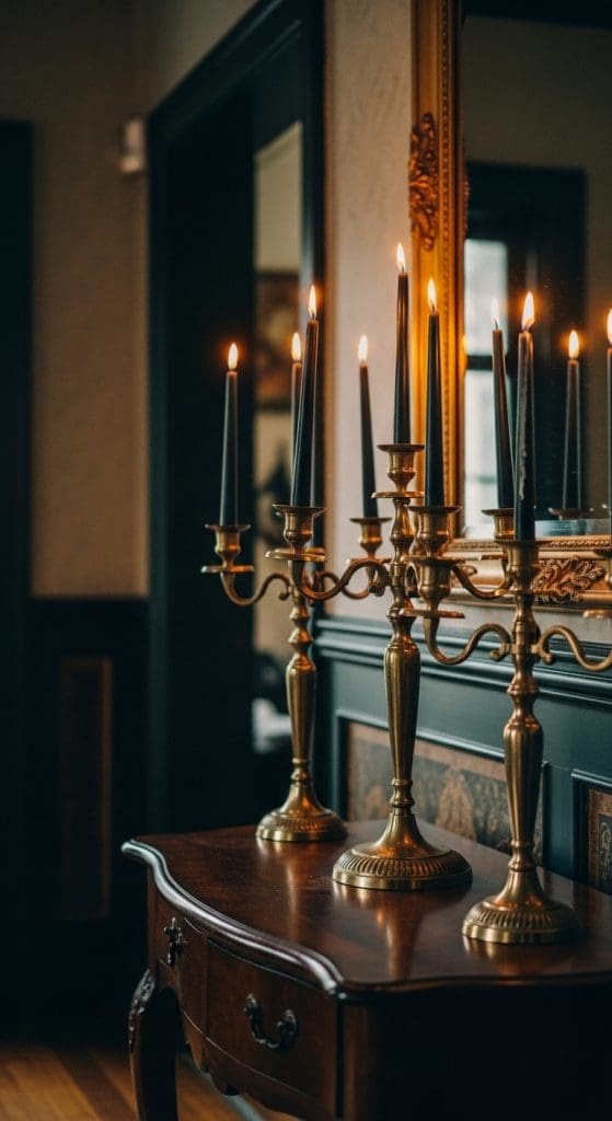 gold candle holders with black candles