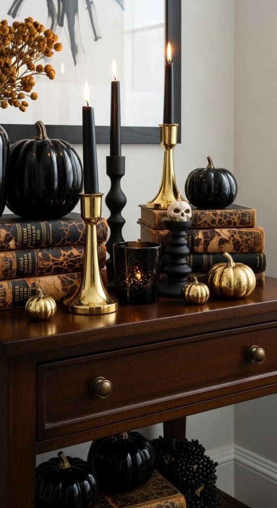 vintage books and candles Classy Halloween Decor